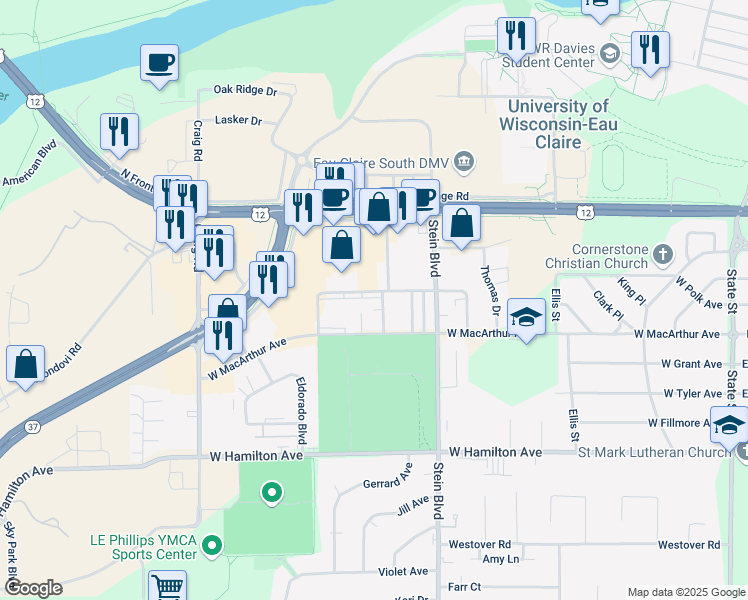 map of restaurants, bars, coffee shops, grocery stores, and more near 2810 Claudette Street in Eau Claire
