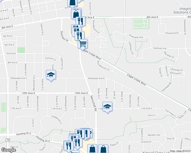 map of restaurants, bars, coffee shops, grocery stores, and more near 1453 Shakopee Avenue East in Shakopee