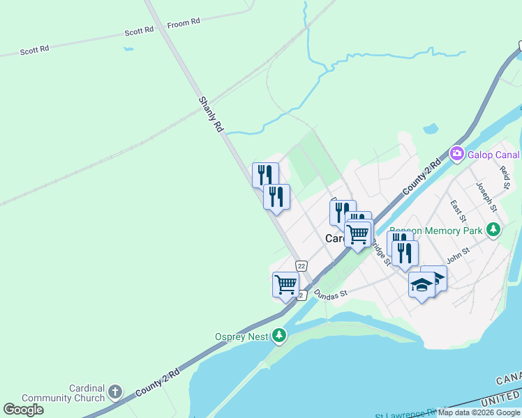 map of restaurants, bars, coffee shops, grocery stores, and more near 180 Shanly Road in Cardinal