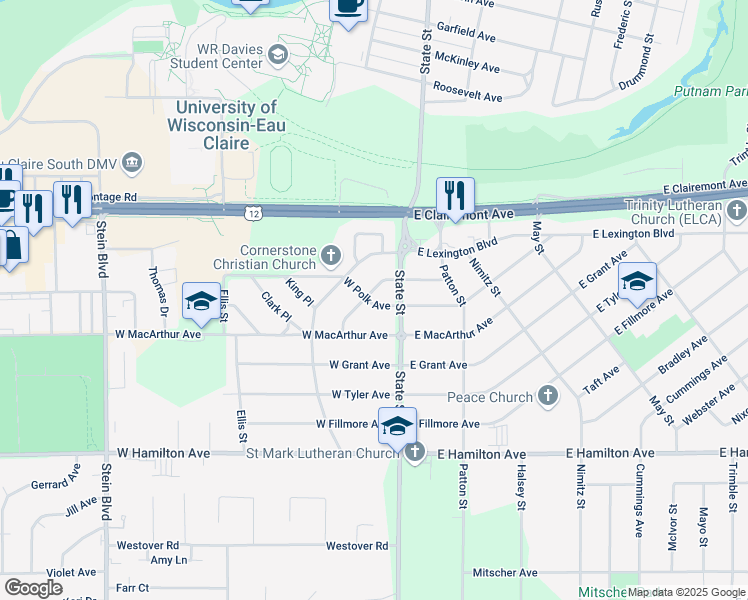 map of restaurants, bars, coffee shops, grocery stores, and more near 115 West Polk Avenue in Eau Claire