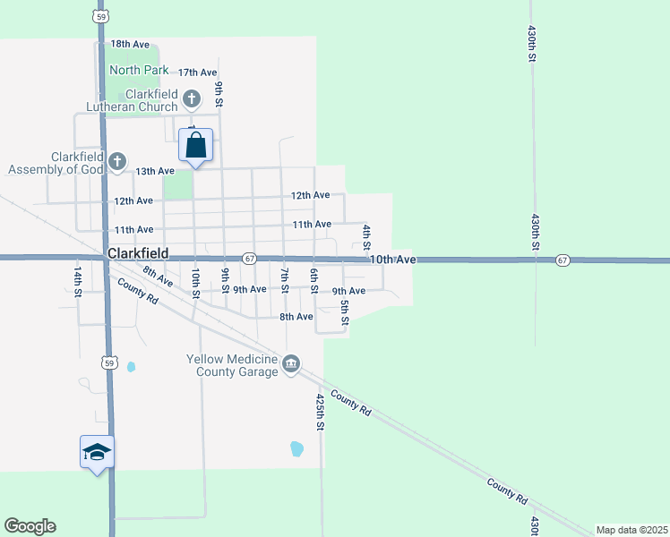 map of restaurants, bars, coffee shops, grocery stores, and more near 505 10th Avenue in Clarkfield