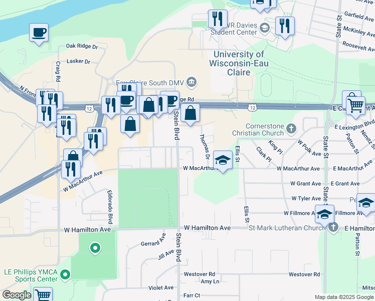 map of restaurants, bars, coffee shops, grocery stores, and more near 2804 Richard Drive in Eau Claire