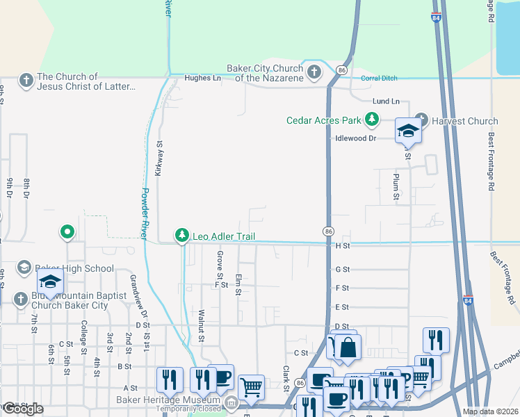 map of restaurants, bars, coffee shops, grocery stores, and more near 1420 H Street in Baker City