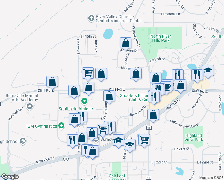 map of restaurants, bars, coffee shops, grocery stores, and more near 1605 Cliff Road East in Burnsville