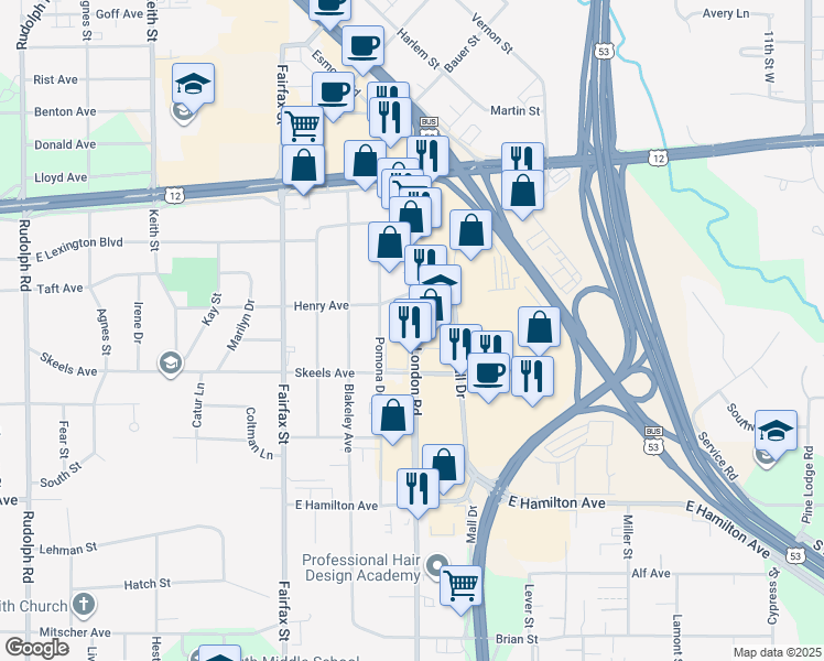 map of restaurants, bars, coffee shops, grocery stores, and more near 2806 London Road in Eau Claire