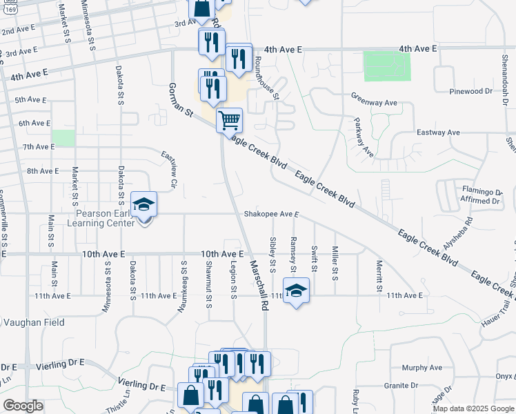 map of restaurants, bars, coffee shops, grocery stores, and more near 1453 Shakopee Avenue East in Shakopee
