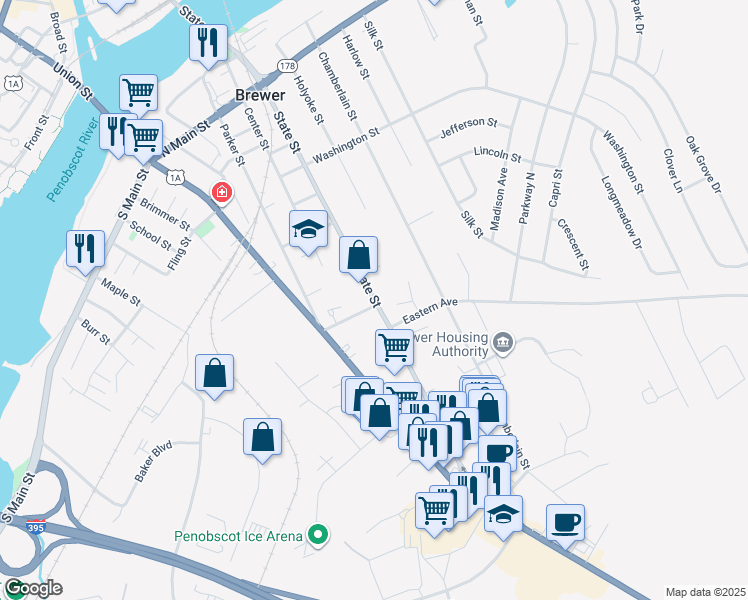 map of restaurants, bars, coffee shops, grocery stores, and more near 131 State Street in Brewer
