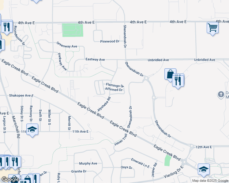 map of restaurants, bars, coffee shops, grocery stores, and more near 2225 Jeffery Allen Drive in Shakopee