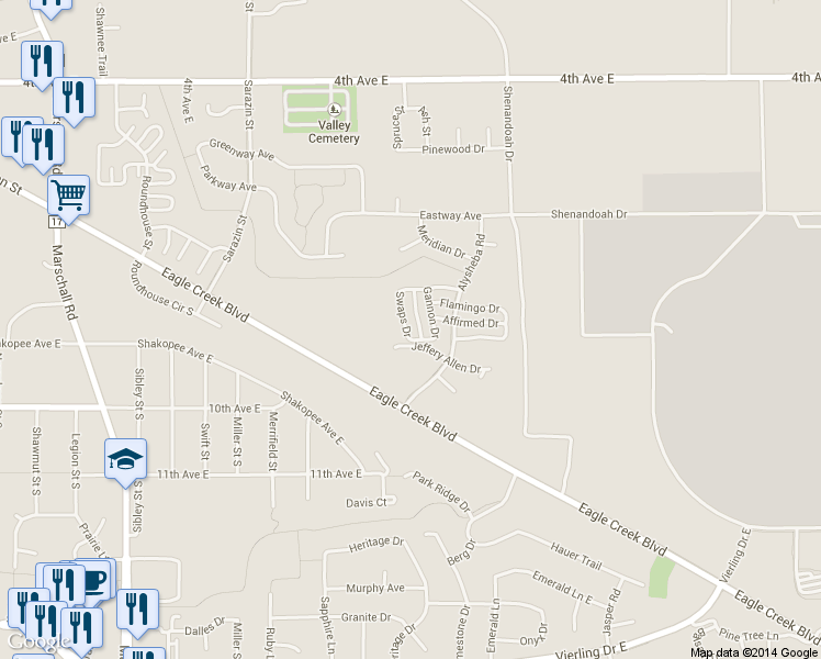 map of restaurants, bars, coffee shops, grocery stores, and more near 877 Swaps Drive in Shakopee