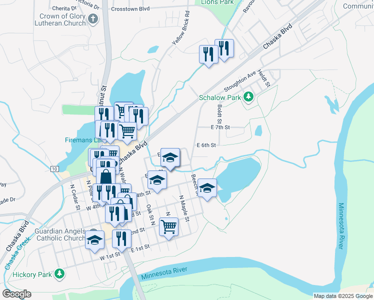 map of restaurants, bars, coffee shops, grocery stores, and more near East 6th Street in Chaska
