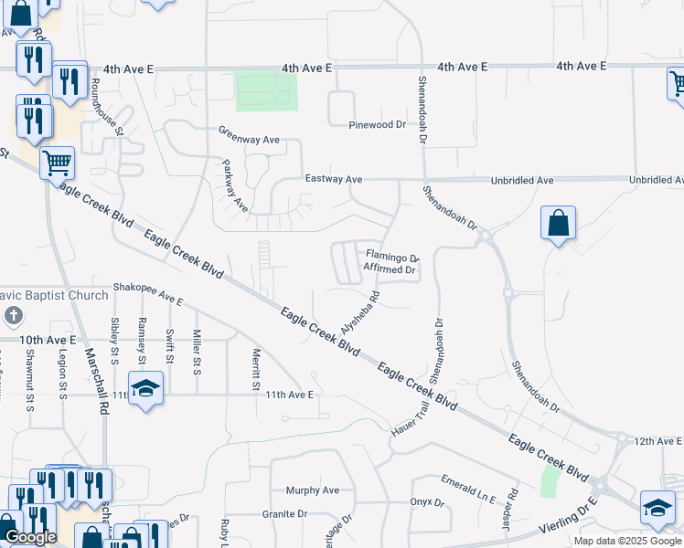 map of restaurants, bars, coffee shops, grocery stores, and more near 877 Swaps Drive in Shakopee
