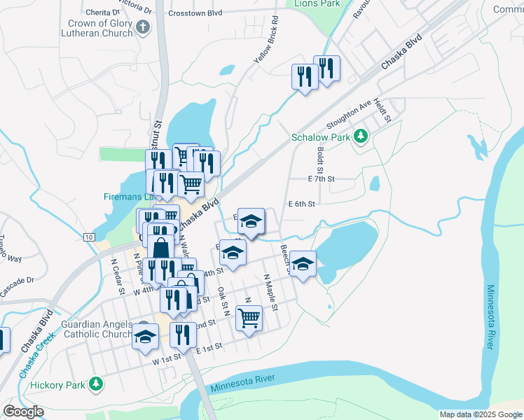map of restaurants, bars, coffee shops, grocery stores, and more near East 6th Street in Chaska