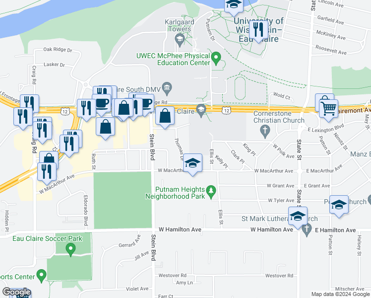 map of restaurants, bars, coffee shops, grocery stores, and more near 2825 Thomas Drive in Eau Claire
