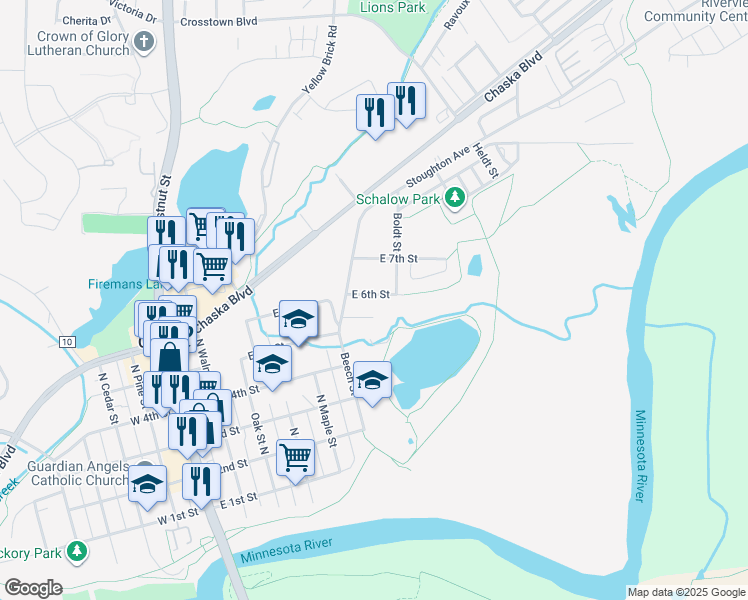 map of restaurants, bars, coffee shops, grocery stores, and more near 616 East 6th Street in Chaska