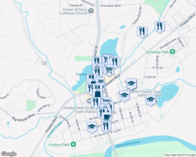 map of restaurants, bars, coffee shops, grocery stores, and more near in Chaska