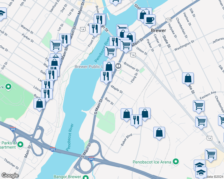 map of restaurants, bars, coffee shops, grocery stores, and more near 16 Getchell Street in Brewer