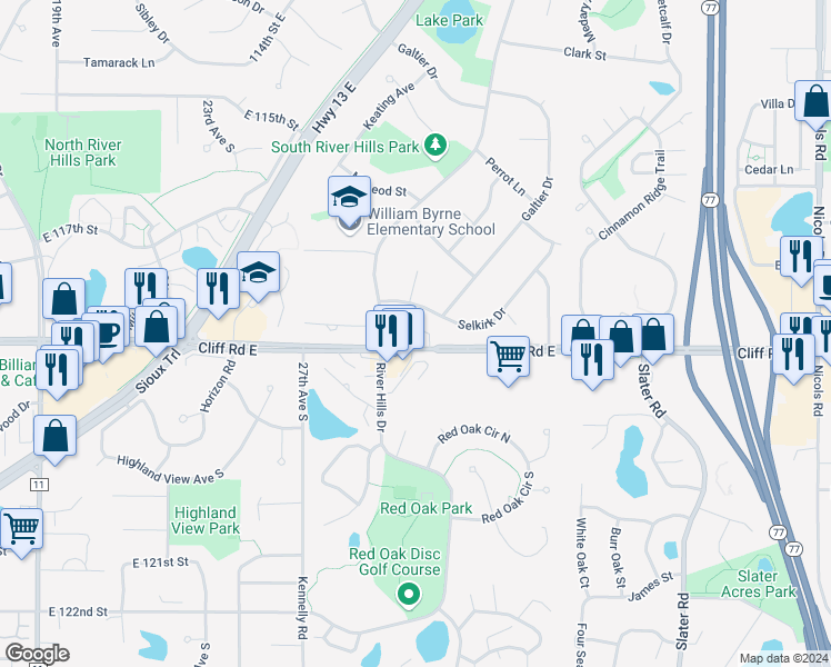 map of restaurants, bars, coffee shops, grocery stores, and more near 2925 Cliff Road East in Burnsville