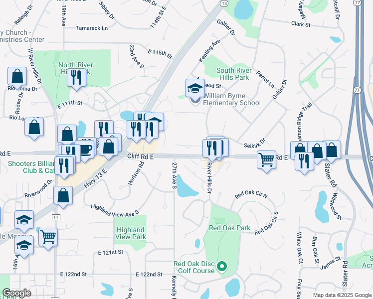 map of restaurants, bars, coffee shops, grocery stores, and more near 2702 Rolling Oaks Road in Burnsville