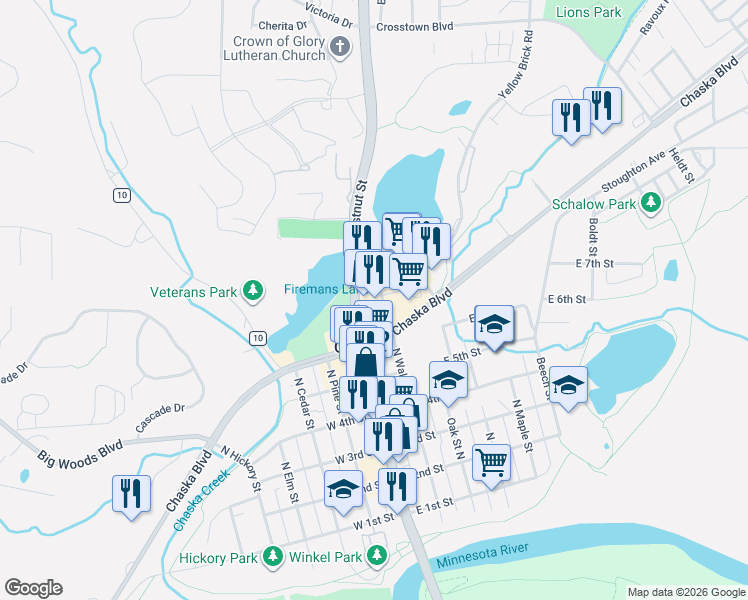 map of restaurants, bars, coffee shops, grocery stores, and more near 709 North Walnut Street in Chaska