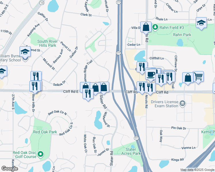 map of restaurants, bars, coffee shops, grocery stores, and more near 4598 Slater Road in Eagan