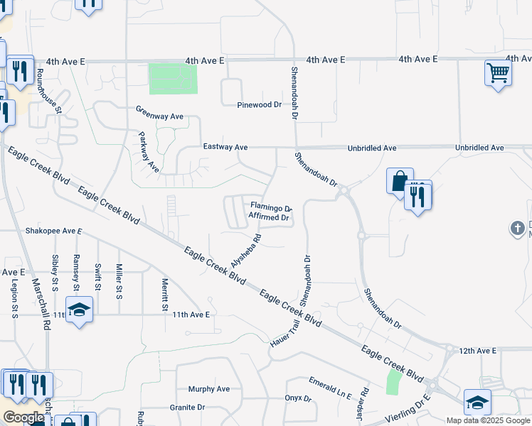 map of restaurants, bars, coffee shops, grocery stores, and more near 2221 Affirmed Drive in Shakopee