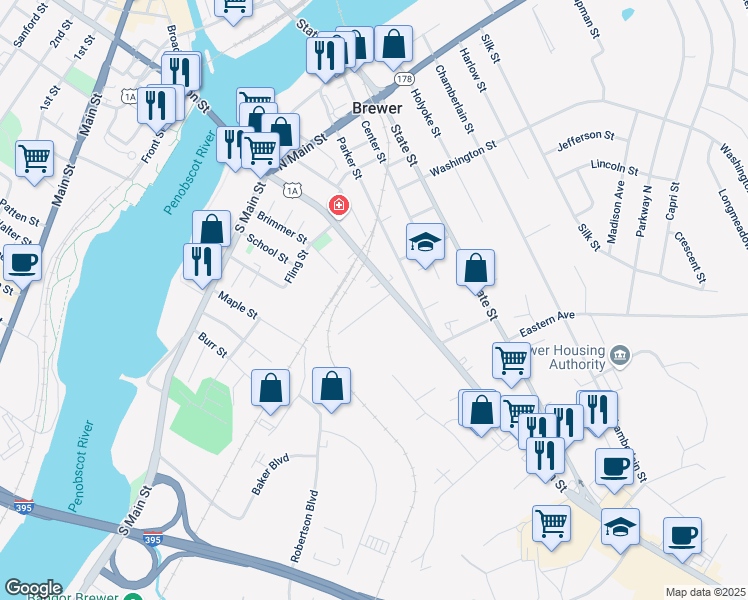 map of restaurants, bars, coffee shops, grocery stores, and more near 27 Blake Street in Brewer
