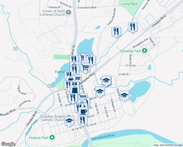 map of restaurants, bars, coffee shops, grocery stores, and more near 421 Yellow Brick Road in Chaska