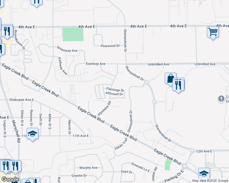 map of restaurants, bars, coffee shops, grocery stores, and more near 2194 Charismatic Drive in Shakopee