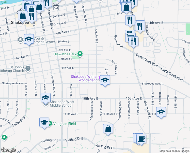 map of restaurants, bars, coffee shops, grocery stores, and more near 846 Dakota Street South in Shakopee