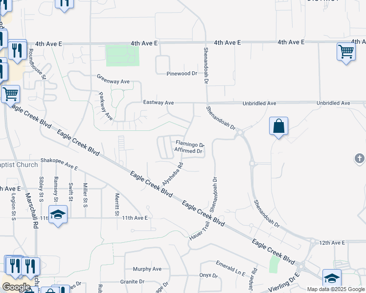 map of restaurants, bars, coffee shops, grocery stores, and more near Alysheba Road in Shakopee