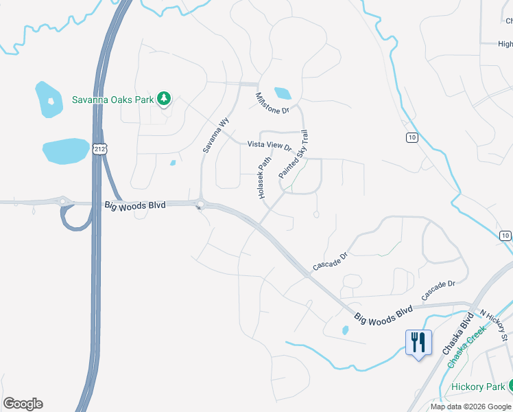 map of restaurants, bars, coffee shops, grocery stores, and more near 4150 Big Woods Boulevard in Chaska