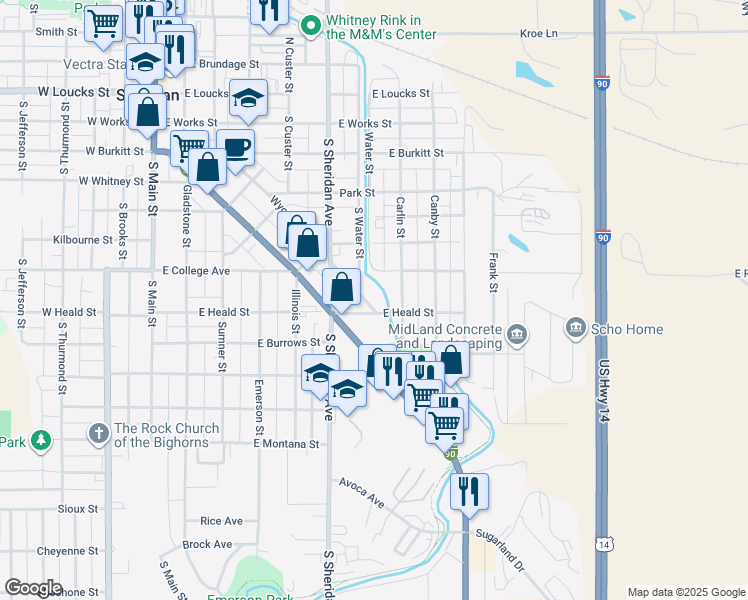 map of restaurants, bars, coffee shops, grocery stores, and more near 533 Wyoming Ave in Sheridan