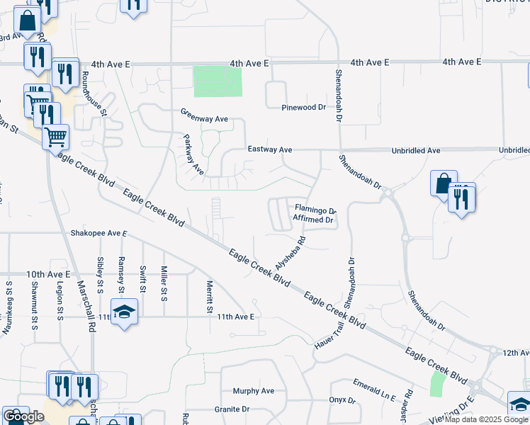 map of restaurants, bars, coffee shops, grocery stores, and more near 838 Swaps Drive in Shakopee
