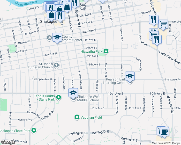 map of restaurants, bars, coffee shops, grocery stores, and more near 814 Spencer Street South in Shakopee