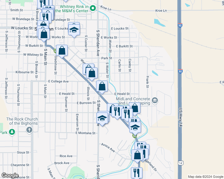 map of restaurants, bars, coffee shops, grocery stores, and more near 533 Wyoming Ave in Sheridan