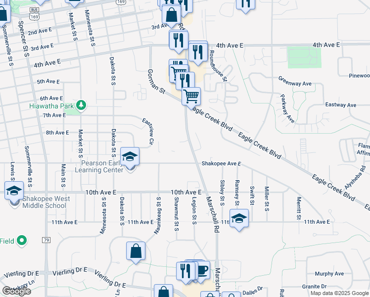 map of restaurants, bars, coffee shops, grocery stores, and more near 836 Marschall Road in Shakopee