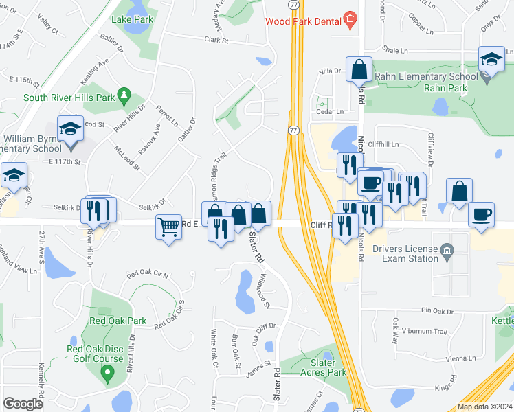 map of restaurants, bars, coffee shops, grocery stores, and more near 4597 Slater Road in Eagan
