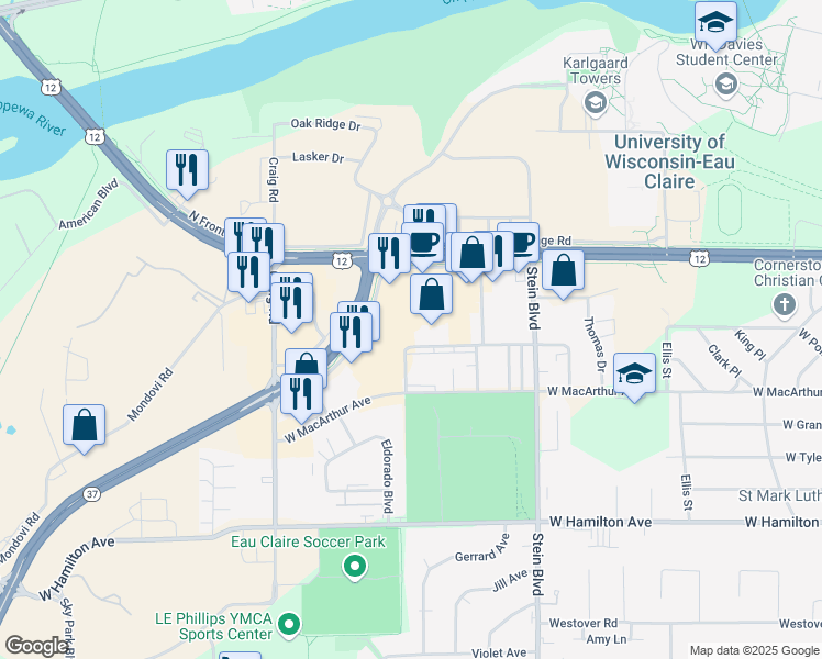 map of restaurants, bars, coffee shops, grocery stores, and more near 967 West Clairemont Avenue in Eau Claire