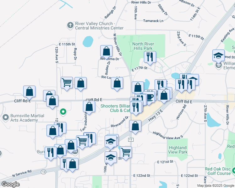 map of restaurants, bars, coffee shops, grocery stores, and more near 11709 Sierra Court in Burnsville