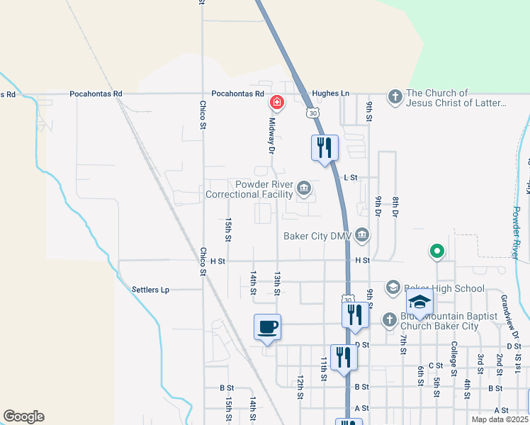 map of restaurants, bars, coffee shops, grocery stores, and more near 3425 13th Street in Baker City