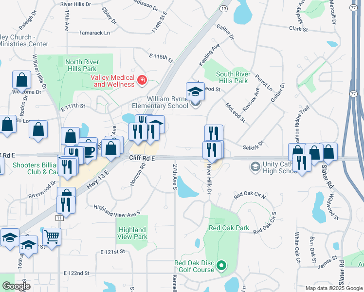 map of restaurants, bars, coffee shops, grocery stores, and more near 2700 Selkirk Drive in Burnsville