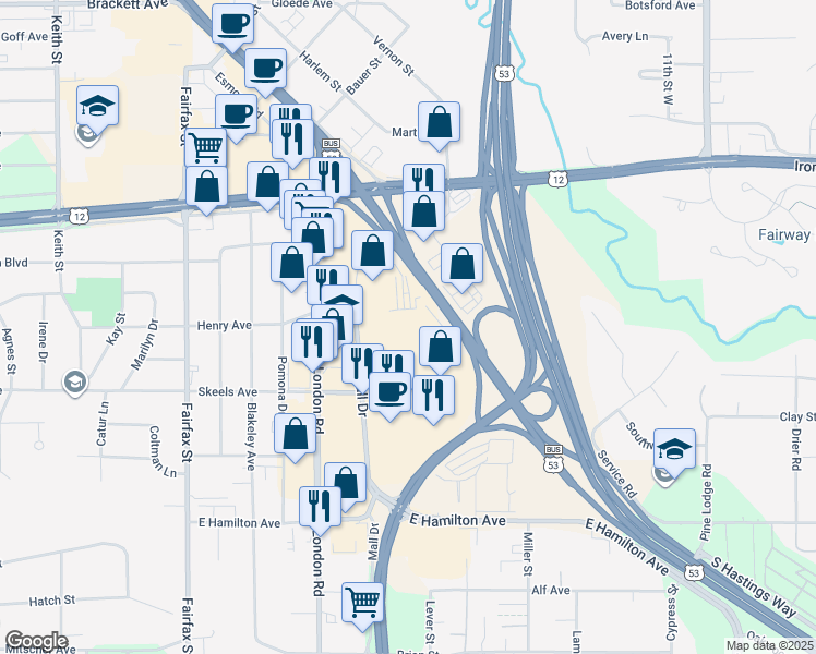 map of restaurants, bars, coffee shops, grocery stores, and more near 2725 Mall Drive in Eau Claire