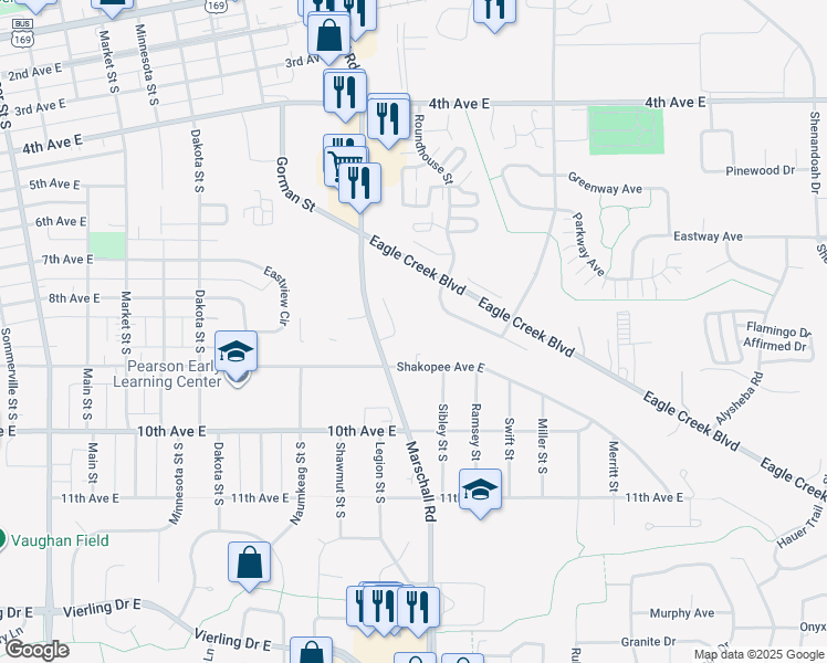 map of restaurants, bars, coffee shops, grocery stores, and more near 1364 Eagle Creek Boulevard in Shakopee
