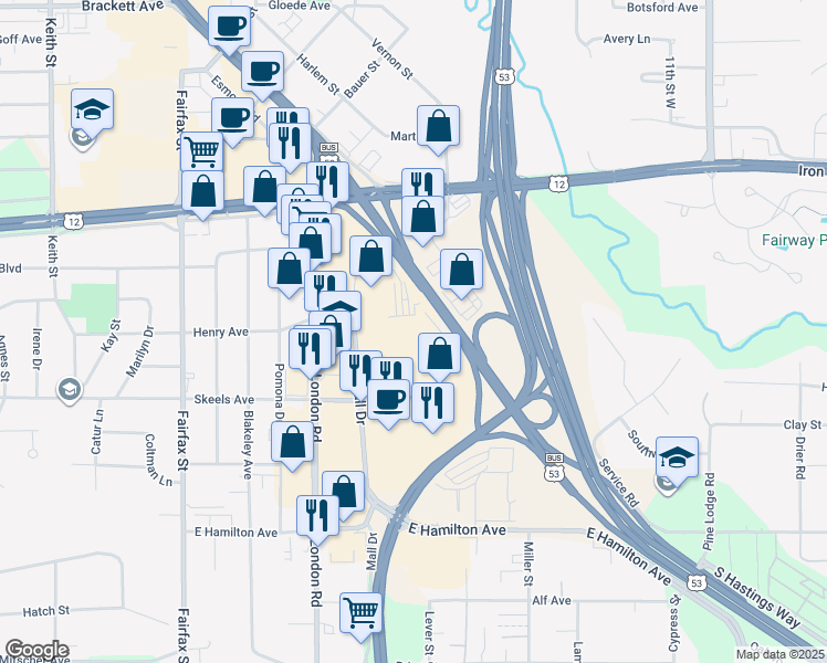 map of restaurants, bars, coffee shops, grocery stores, and more near 2725 Mall Drive in Eau Claire