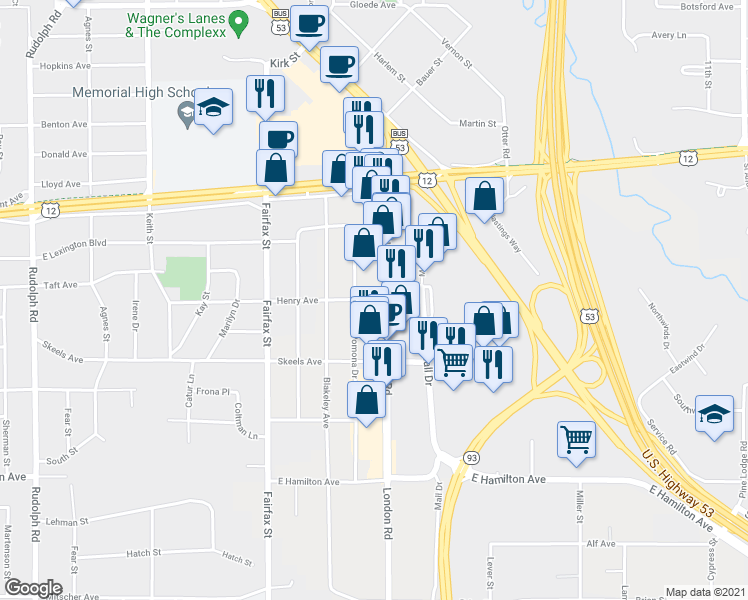 map of restaurants, bars, coffee shops, grocery stores, and more near 2610 Henry Avenue in Eau Claire