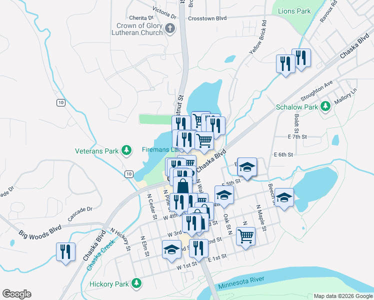 map of restaurants, bars, coffee shops, grocery stores, and more near 810 Walnut Place in Chaska