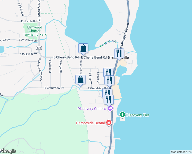 map of restaurants, bars, coffee shops, grocery stores, and more near 12801-12999 South Briar Drive in Traverse City