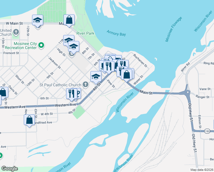 map of restaurants, bars, coffee shops, grocery stores, and more near 530 Wisconsin 153 in Mosinee