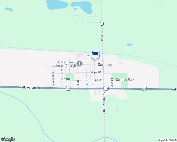 map of restaurants, bars, coffee shops, grocery stores, and more near 304 3rd Street in Danube