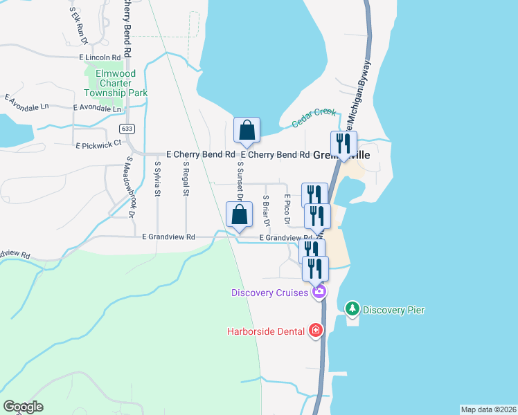 map of restaurants, bars, coffee shops, grocery stores, and more near 12989 South Sunset Drive in Traverse City